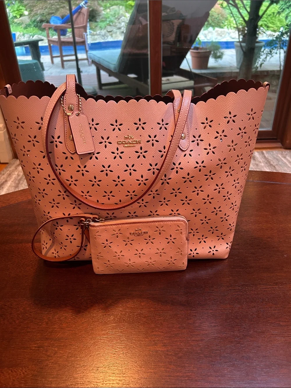 Coach Pink Floral Laser-Cut Tote with Matching Wristlet